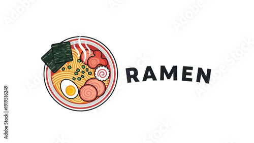 Delicious ramen noodle bowl with traditional toppings illustration.