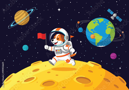 Cute astronaut dog standing on moon holding flag with Earth, planets and satellite in space, playful cartoon animal explorer in universe, modern flat vector illustration for kids and education