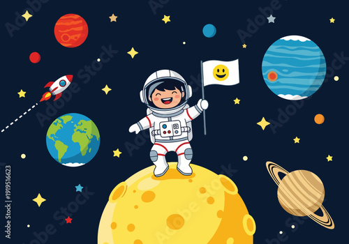 Professional astronaut standing on the moon surface holding flag with Earth rising in background. Space exploration mission and scientific discovery concept for aerospace industry illustration