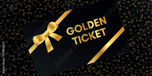 golden ticket text on dark background with confetti vector illustration