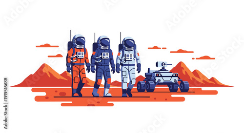 Diverse astronauts walking on Mars surface with rover and mountains in background. Teamwork space mission and planetary exploration concept for science and aerospace industry design