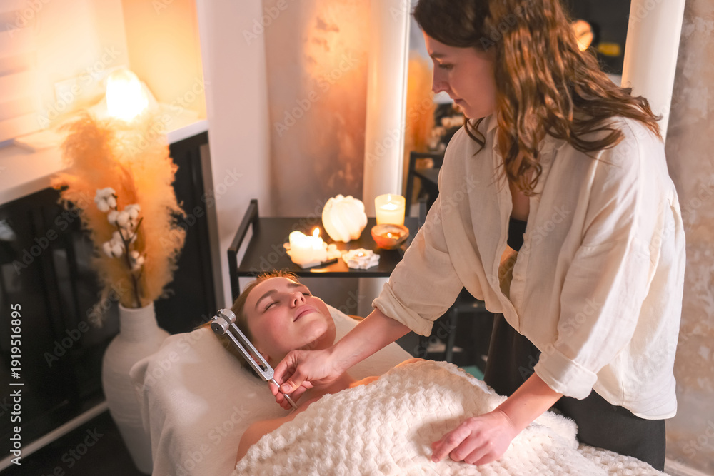 Ταπετσαρία Facial massage and tuning fork sound therapy in candlelit spa, holistic skincare wellness ritual, relaxation and stress relief, self care, energy balance