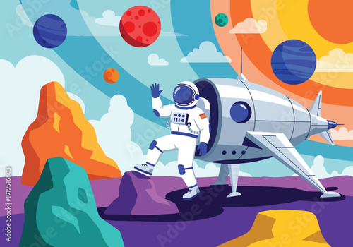 Astronaut stepping out of spaceship on alien planet with colorful rocks and distant planets. Future exploration and space travel concept for science fiction aerospace illustration