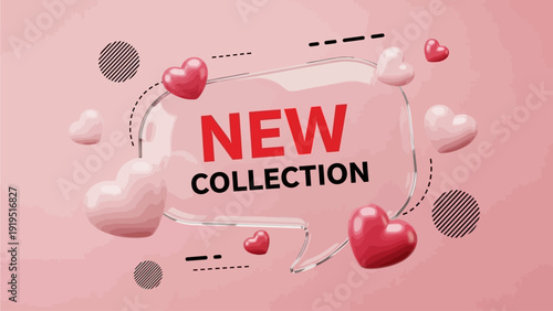 New Collection Illustration Featuring Hearts and Geometric Shapes in a Pink Environment from a Front Viewpoint