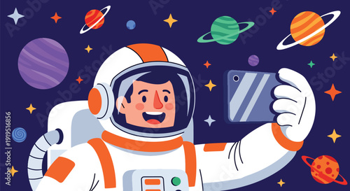 Astronaut taking selfie in outer space with floating camera and planet background. Modern space lifestyle and digital exploration concept for futuristic illustration