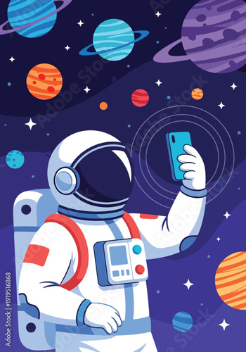Astronaut taking selfie in outer space with floating camera and planet background. Modern space lifestyle and digital exploration concept for futuristic illustration