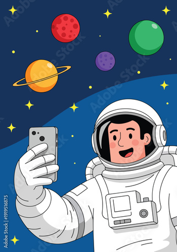 Astronaut taking selfie in outer space with floating camera and planet background. Modern space lifestyle and digital exploration concept for futuristic illustration