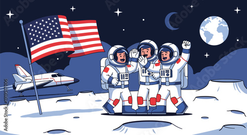 Group of astronauts celebrating successful mission on moon with spaceship and flag. Teamwork achievement and aerospace exploration success concept for science industry illustration