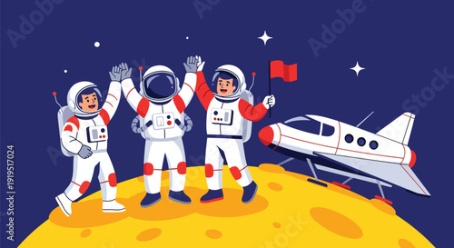 Group of astronauts celebrating successful mission on moon with spaceship and flag. Teamwork achievement and aerospace exploration success concept for science industry illustration