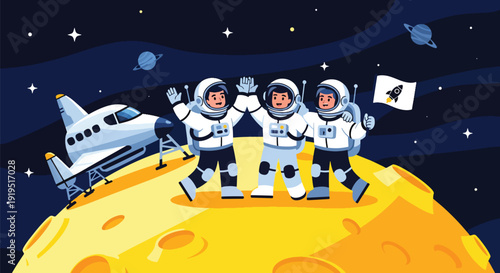 Group of astronauts celebrating successful mission on moon with spaceship and flag. Teamwork achievement and aerospace exploration success concept for science industry illustration