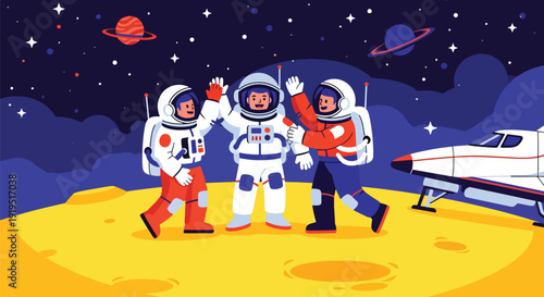 Group of astronauts celebrating successful mission on moon with spaceship and flag. Teamwork achievement and aerospace exploration success concept for science industry illustration