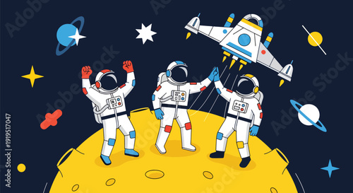 Group of astronauts celebrating successful mission on moon with spaceship and flag. Teamwork achievement and aerospace exploration success concept for science industry illustration