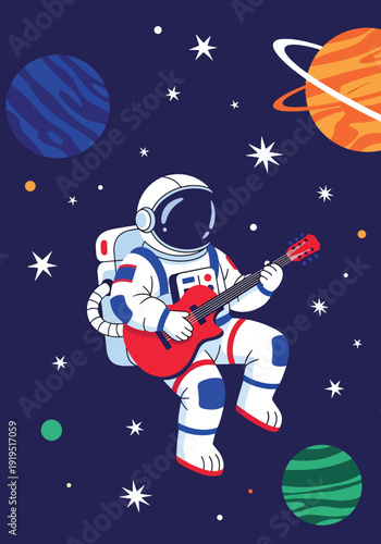 Astronaut playing guitar while floating in outer space surrounded by stars and planets. Creative cosmic lifestyle and music entertainment concept for futuristic illustration