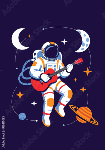 Astronaut playing guitar while floating in outer space surrounded by stars and planets. Creative cosmic lifestyle and music entertainment concept for futuristic illustration