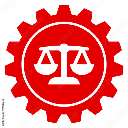 Recht und Justiz Einstellungen Icon Illustration als rotes Zahnrad mit Waage Symbol Grafik für Gesetz und Jura, Vektor, transparent, png Hintergrund