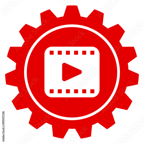 Video Media und Player Einstellungen Icon Illustration als rotes Zahnrad mit Play Symbol Grafik für Film und Streaming Dienste, Vektor, transparent, png Hintergrund