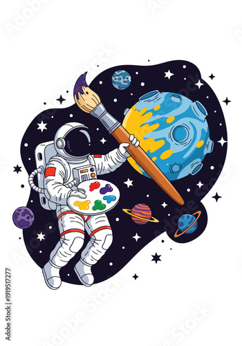 Astronaut painting colorful planet with large brush in outer space. Creative imagination and artistic cosmic exploration concept for futuristic illustration design
