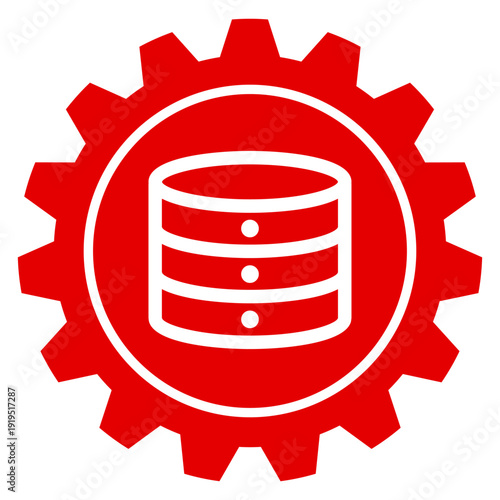 Datenbank und Server Hosting Einstellungen Icon Illustration als rotes Zahnrad mit Datenspeicher Symbol Grafik für Cloud IT, Vektor, transparent, png Hintergrund
