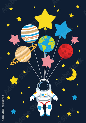 Astronaut floating with balloons shaped like planets and stars in space. Playful fantasy cosmic adventure and imagination concept for modern illustration design