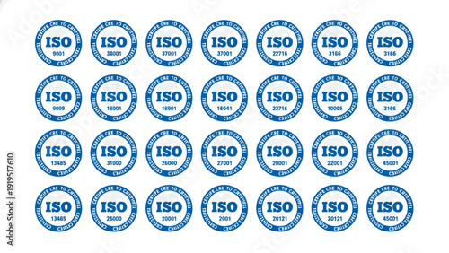 A series of blue ISO certification logos arranged in rows on a white background.