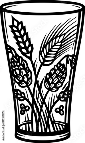 Decorative tall glass with stylized grain stalks and floral elements in black and white