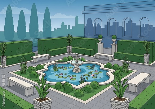 Peaceful rooftop garden oasis with decorative pond and city backdrop