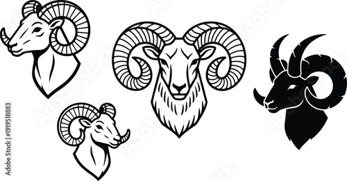 Tattoo flash ram head set with bold line art multiple angles logo vector for sports team badge black silhouette variation