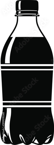 Black and white plastic water bottle vector illustration, minimalist soft drink container icon for beverage packaging and product branding design.