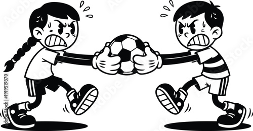 Cartoon vector frontal view two children tugging on soccer ball with determined expressions in playful backyard sports conflict dynamic motion