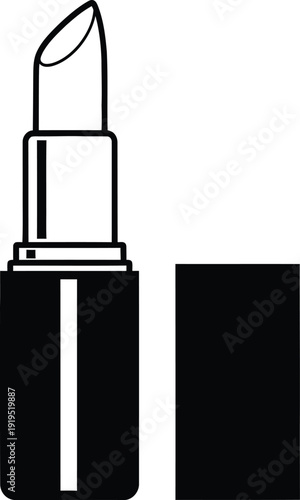 Clean black and white lipstick vector illustration, minimalist cosmetic outline icon for professional beauty makeup branding and fashion salon logo.