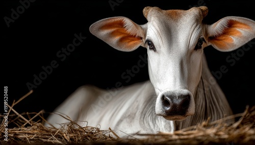 The Indian Brahmin zebu cow lies peacefully in a sun‑lit cowshed, surrounded by hay, appearing calm and content as a rural, traditional domestic mammal in its barn