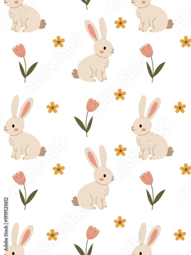 A bright Easter pattern with a cute bunny and spring flowers. Suitable for textiles, children's clothing, and wrapping paper.