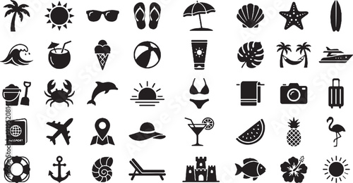 Editable dual tone icon set of Summer vacation and travel symbols Vector illustration