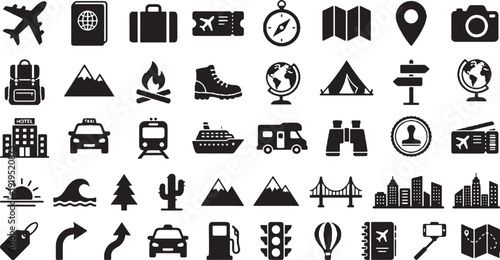 Editable dual tone icon set of Travel adventure transportation and tourism symbols Vector illustration