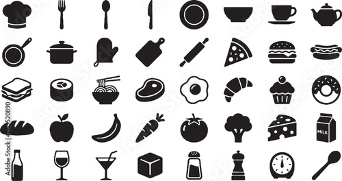 Editable dual tone icon set of Food drink and kitchen items on white background Vector illustration