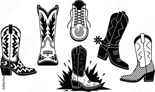 Line art western boot icons set five cowboy boots top view low angle splash action minimal vector black white illustration