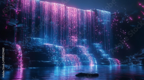 Enchanting neon waterfall with ethereal pink and blue glow at night