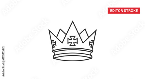 Black Outline Royal Crown with Cross Symbol Icon on Isolated White Background