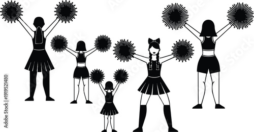 Flat design front view cheerleader group with pom poms raised performing varied ages and outfits in bold silhouette high energy