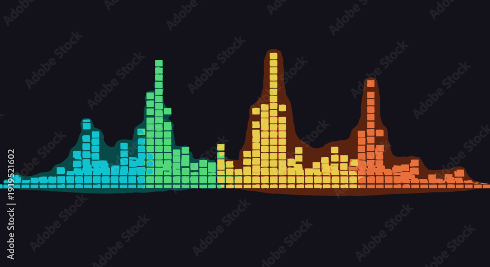 Obraz premium Colorful sound equalizer bars, vibrant audio spectrum visualization on dark background.