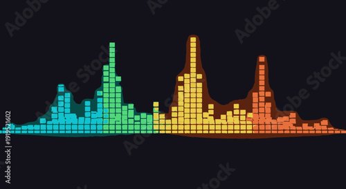 Colorful sound equalizer bars, vibrant audio spectrum visualization on dark background.