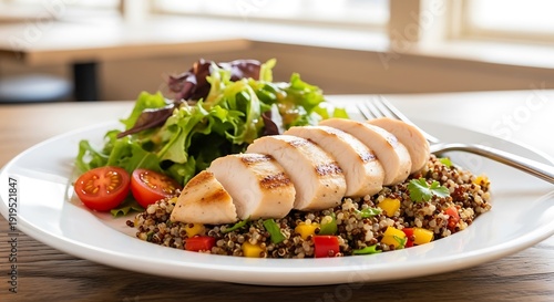 Grilled chicken with quinoa and fresh salad presented on white plate