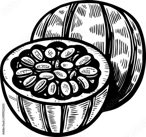Hand drawn passion fruit illustration tropical exotic fruit with seeds detailed sketch black and white