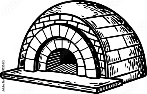 Illustration of traditional wood fired brick oven with arched opening and stone exterior