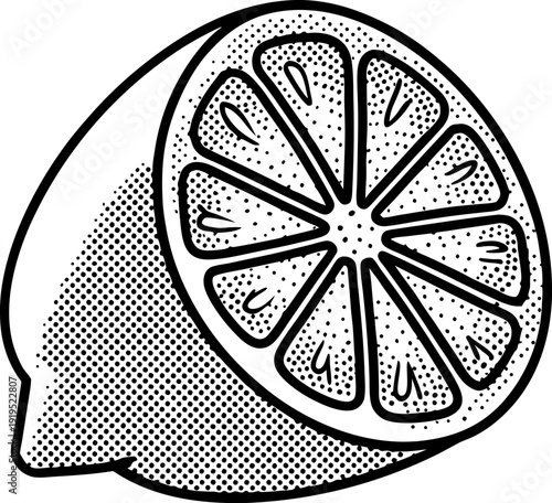 Black and white halftone illustration of a sliced lemon with visible segments and textured rind