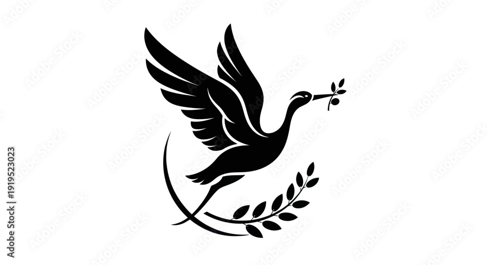 Fototapeta premium Flying dove silhouette with olive branch
