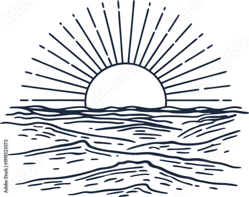 Sunrise over ocean waves with radiant sun rays and flowing water lines, minimalist seascape design