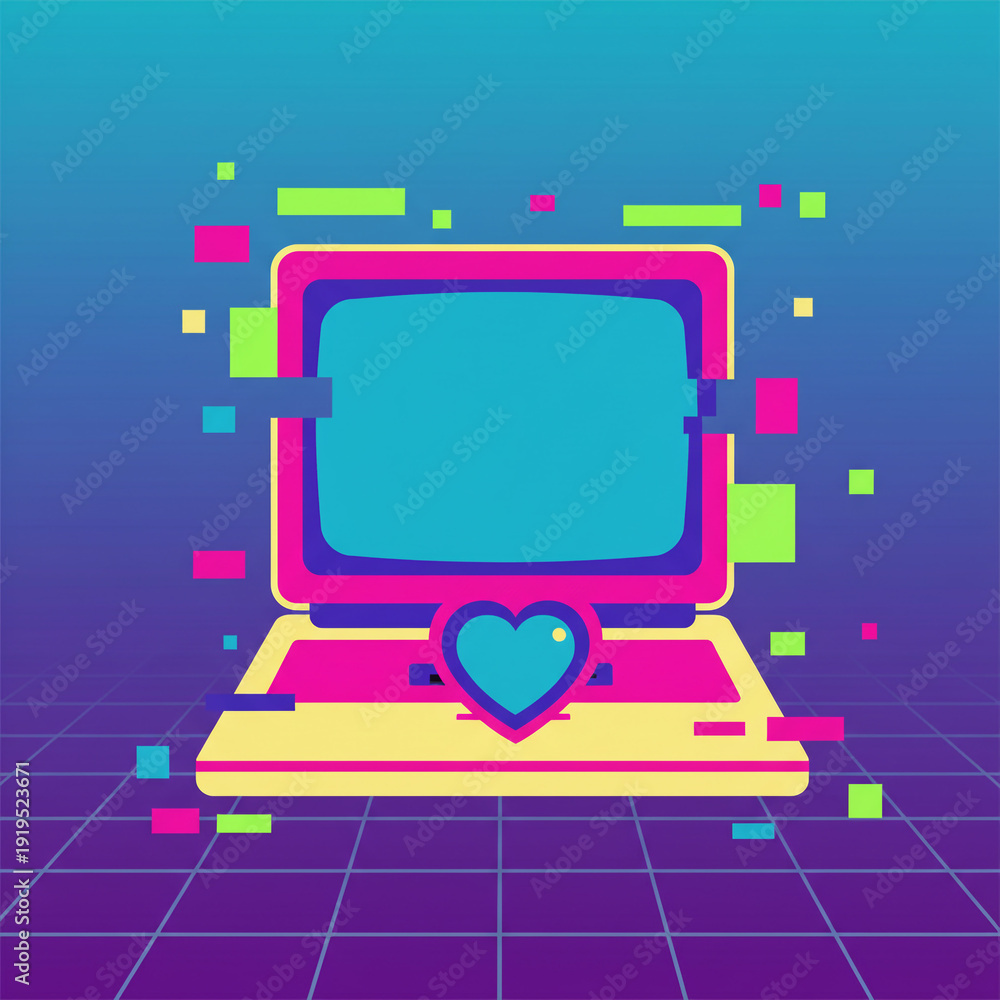 Naklejka premium A vibrant, flat vector illustration of a laptop with a heart on its keyboard, surrounded by colorful blocks and squares on a grid background, conveying a futuristic romance and 90s