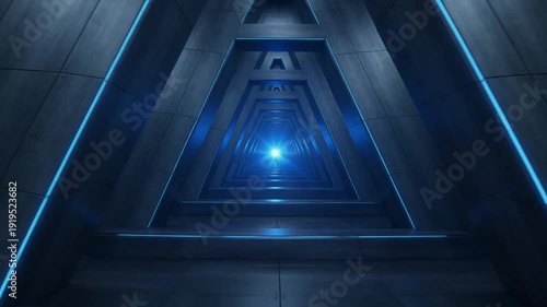 blue  lit triangular tunnel receding into light