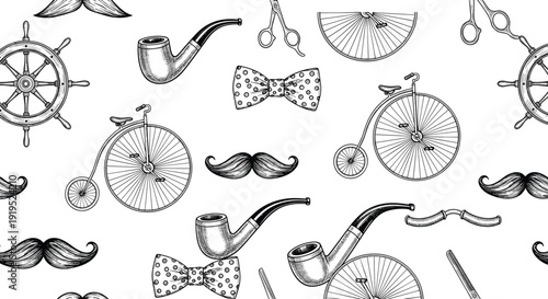 Vintage gentleman seamless pattern featuring penny farthing bicycles smoking pipes moustaches bow ties and nautical ship wheels in hand drawn style.